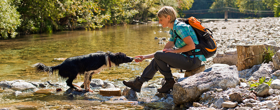 woman hiking with dog