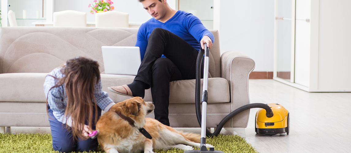 Husband cleaning house from dog fur