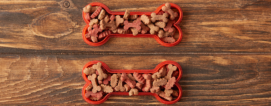 Top view of two plastic bones full of dog food on wooden background