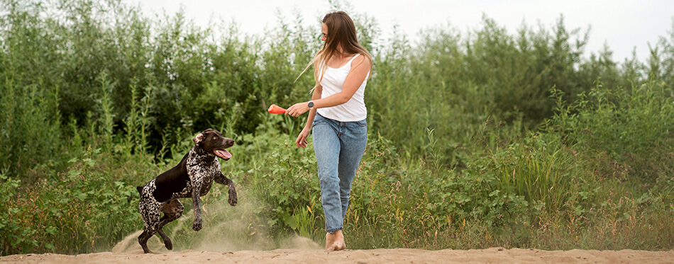 Attractive girl walking the dog.