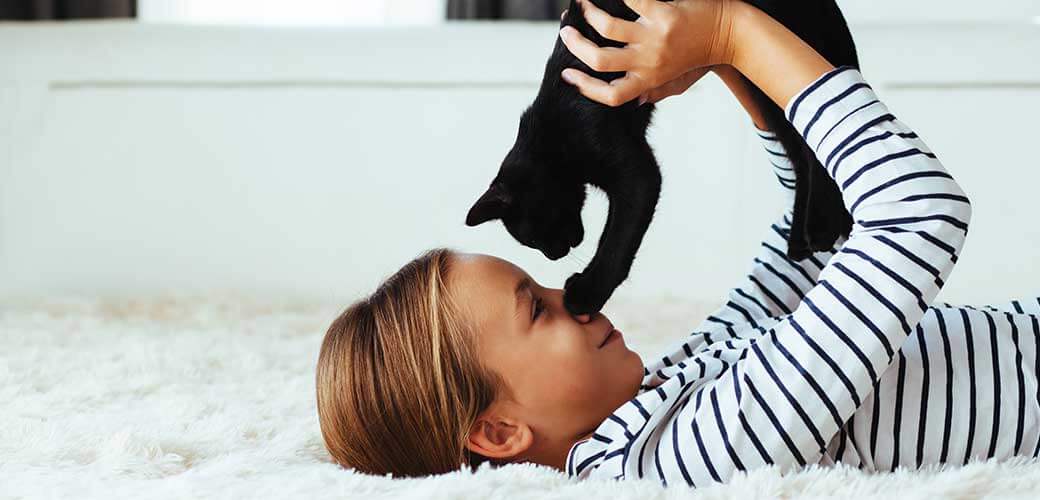 10 years old pre teen girl lying down on sofa and playing with black kitten