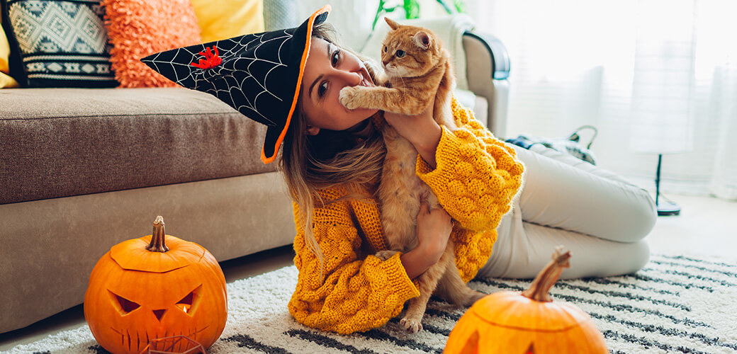 Halloween jack-o-lantern pumpkins. Woman in hat playing with cat lying on carpet decorated with pumpkins and candles.